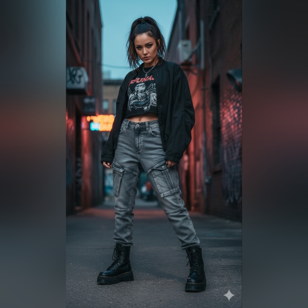 Bauhaus Deluxe Y2K Grey Multi-Pocket Utility Jeans 32 Tall | Streetwear Tomboy